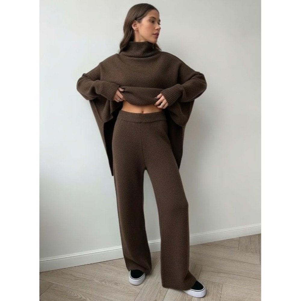 cOMMENSE Oversized Knit Two Piece Set Turtleneck Wide Leg Pants Brown Loungewear